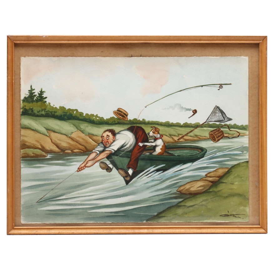 G. Klein Watercolor Illustration of Man and Dog Fishing