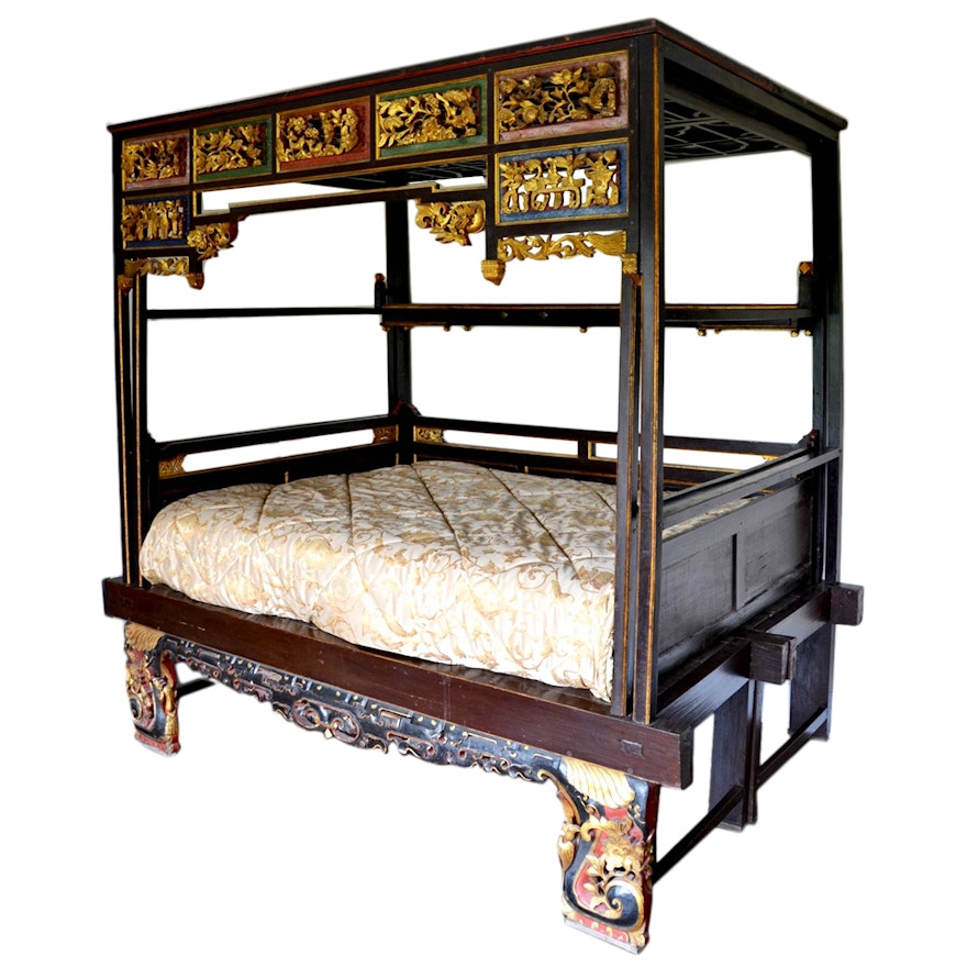 Chinese Parcel-Gilt and Polychrome Carved Hardwood Queen Size Canopy Wedding Bed