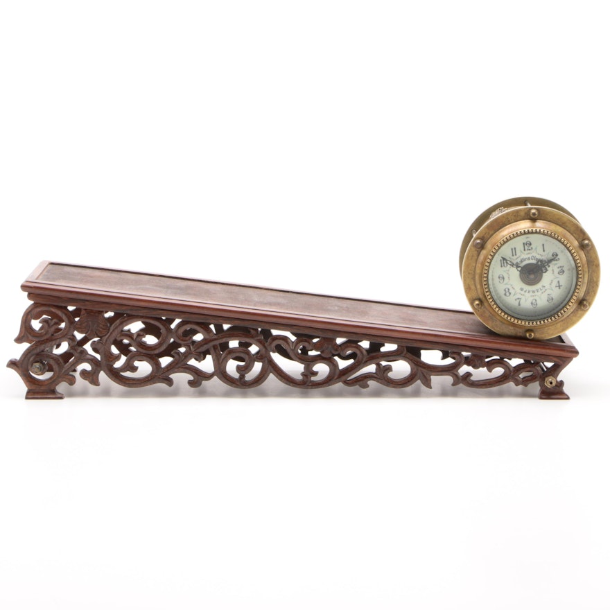 10 Jewel Rolling Drum Incline Plane Clock With Reticulated Carved Wood Base