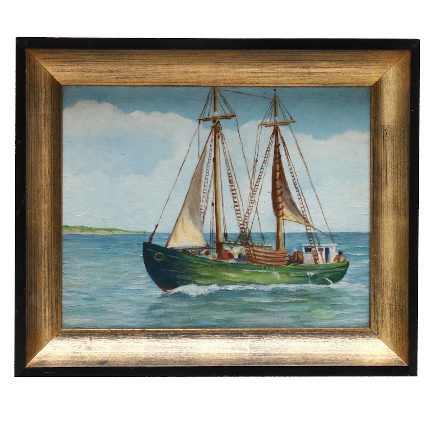 Oil Painting of Sailing Ship on Calm Sea