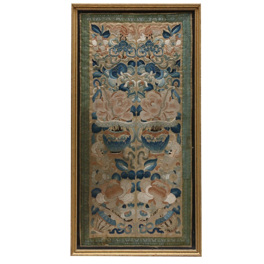 Chinese Silk Panel with Floral Embroidery