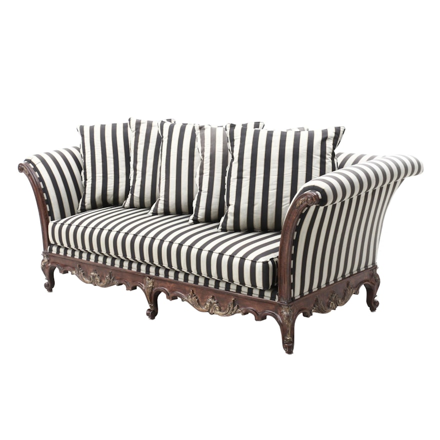 Rococo Style Striped Sofa with Throw Pillows, Mid to Late 20th Century