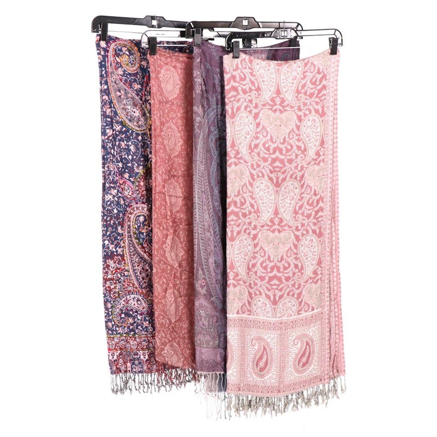 Wool and Silk Blend Paisley Jacquard Reversible Fringed Shawls, Made in India