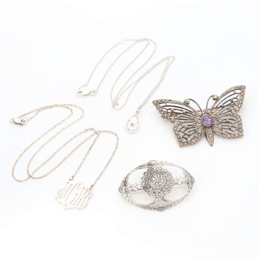 Vintage Sterling Gemstone Necklaces and Brooches Including Butterfly Motif