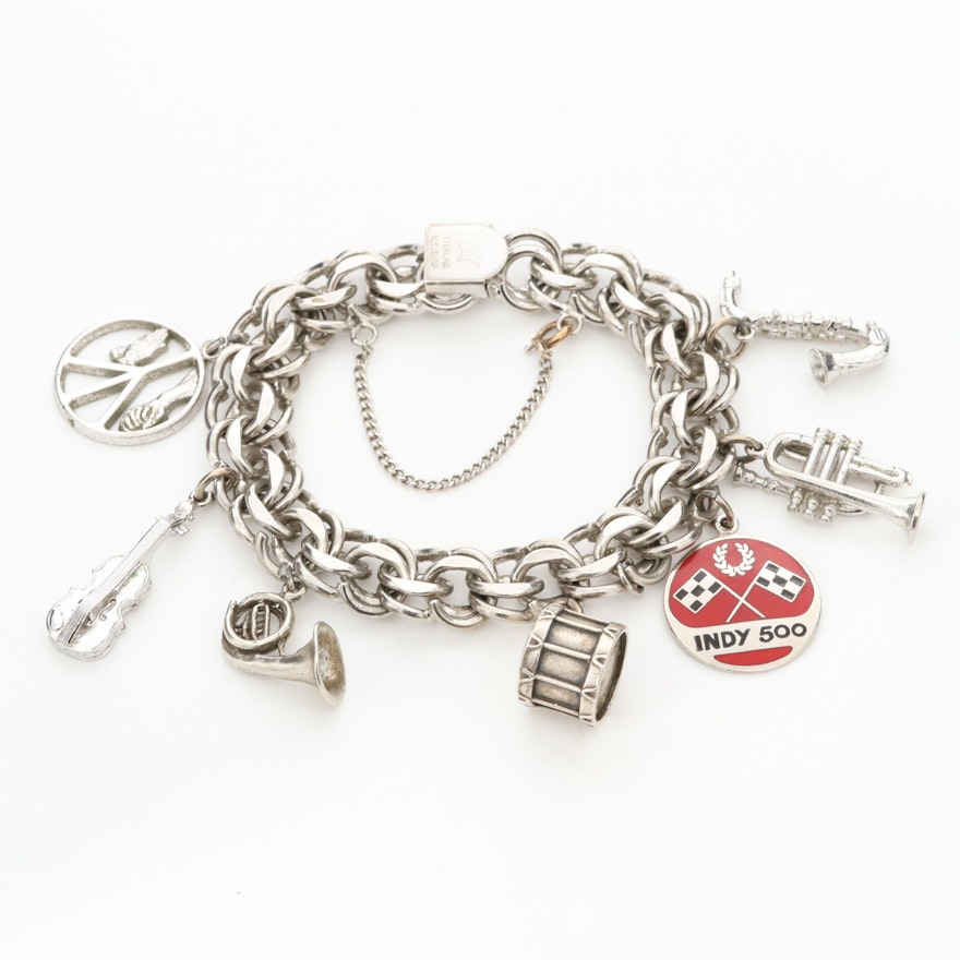 Sterling Silver Charm Bracelet with Charms and Enamel