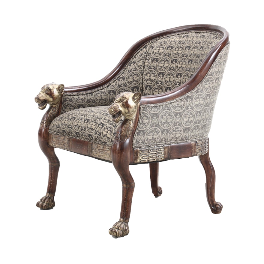 Empire Style Upholstered Armchair with Tiger Motif Arms, Late 20th Century