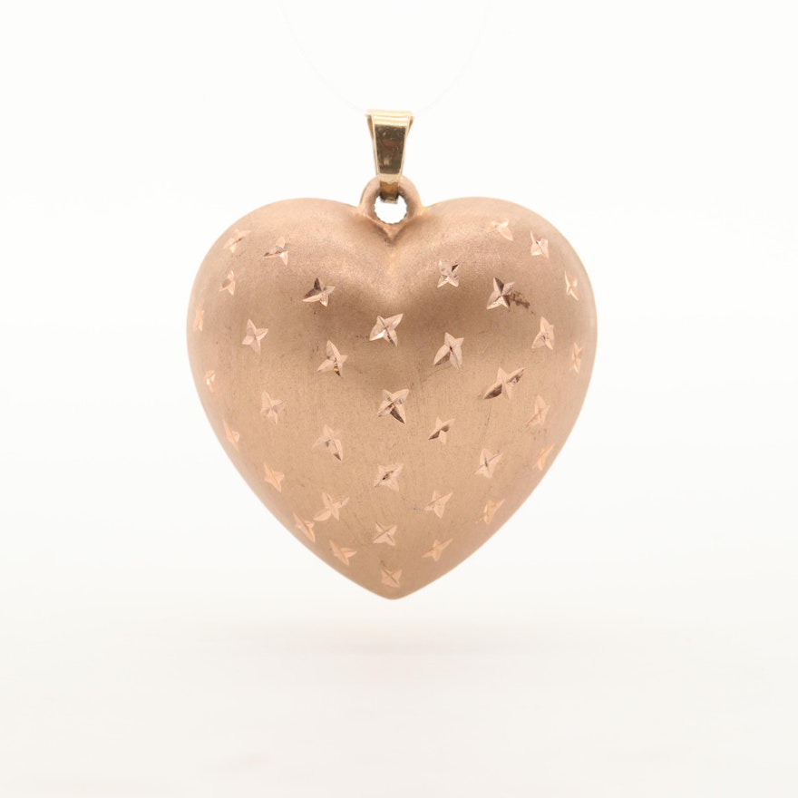 14K Yellow Gold Puff Heart Pendant with Diamond Cut Motif