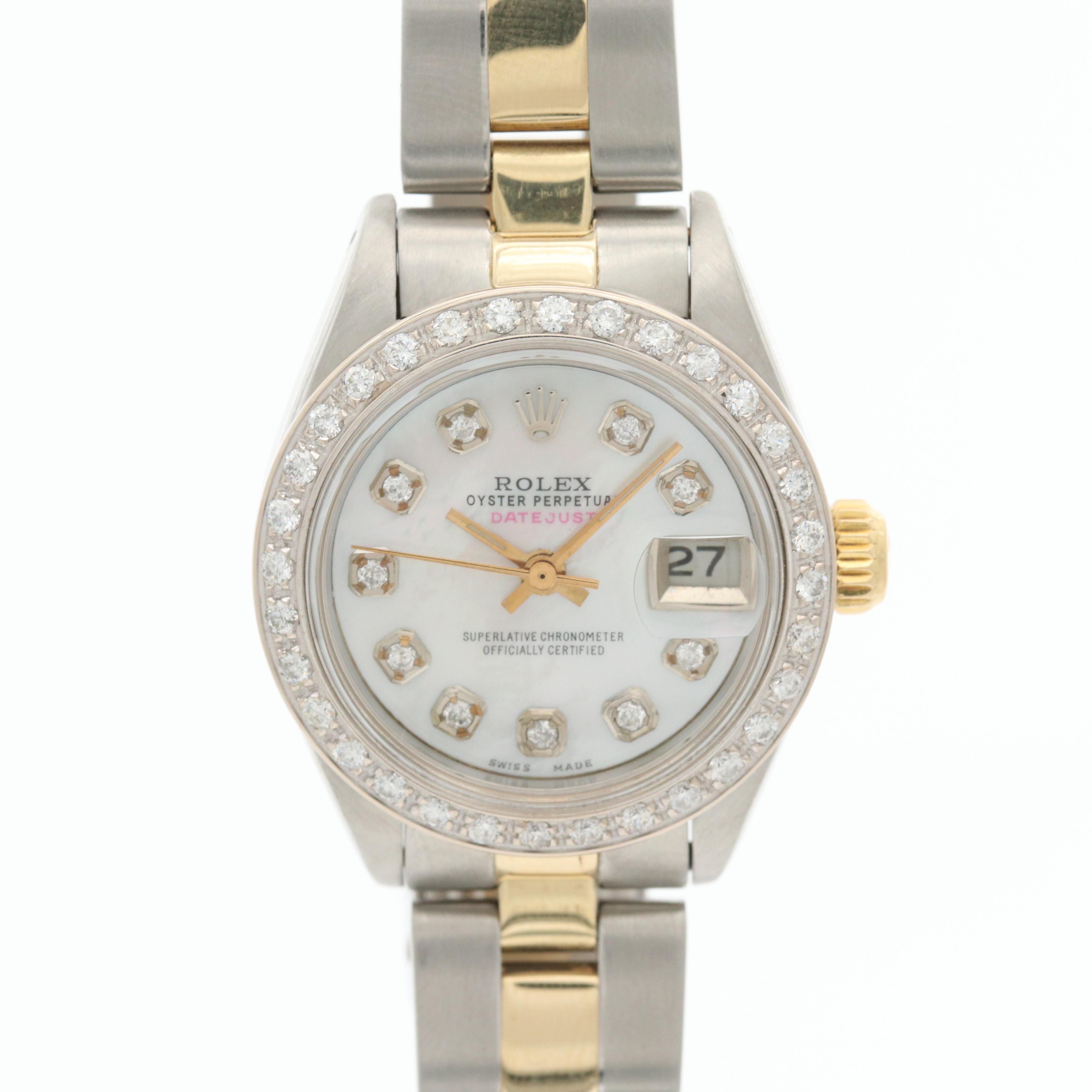 Rolex Datejust 14K and Stainless Steel Watch With Diamond Bezel and Dial