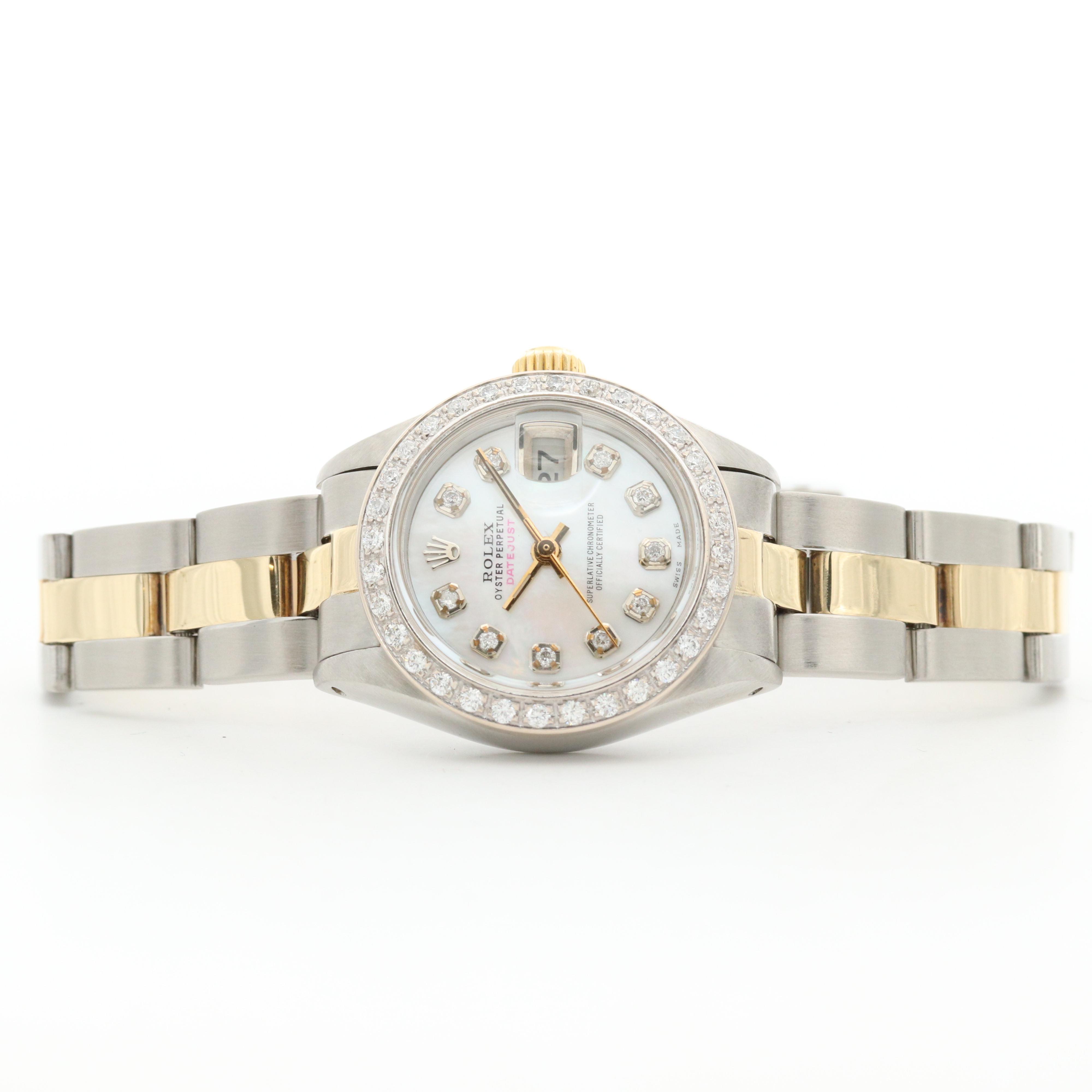 Rolex Datejust 14K and Stainless Steel Watch With Diamond Bezel and Dial