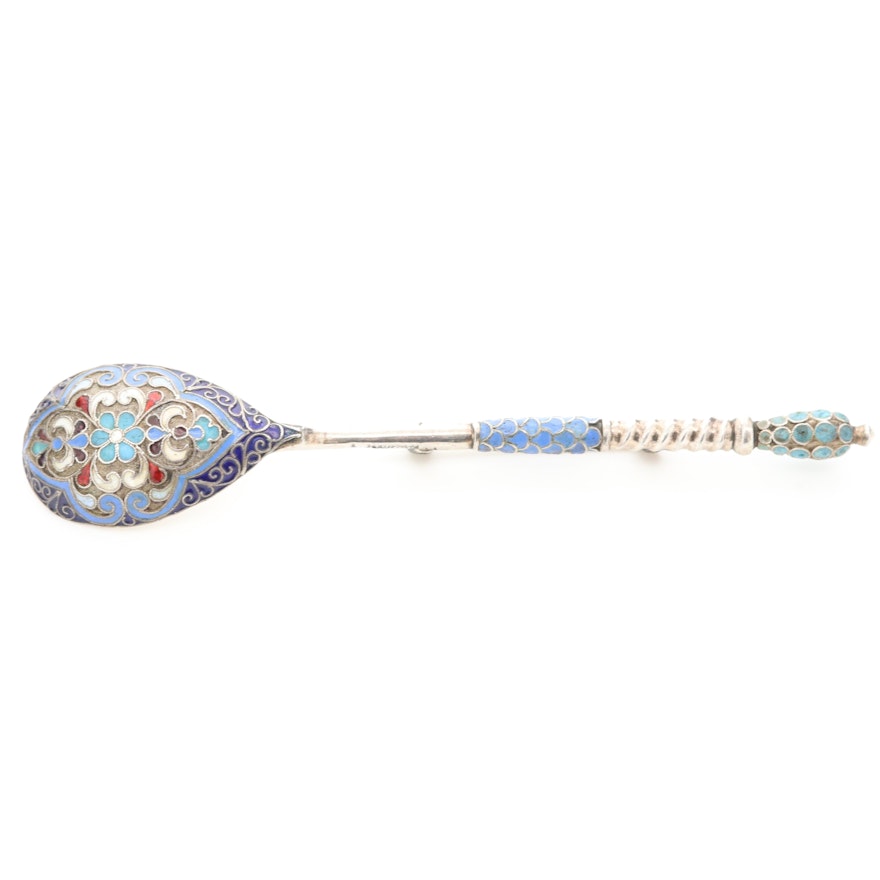 Antique Russian Silver and Enamel Spoon as Brooch