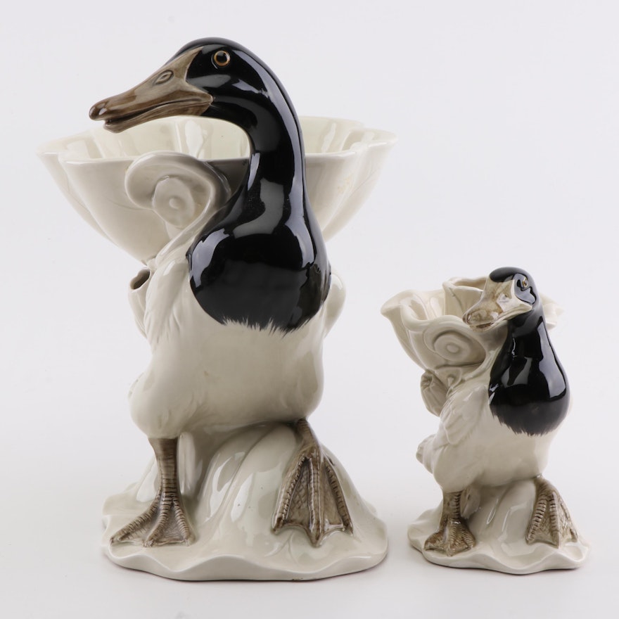 Fitz and Floyd Ceramic Mallard Duck Centerpiece Bowl and Candlestick