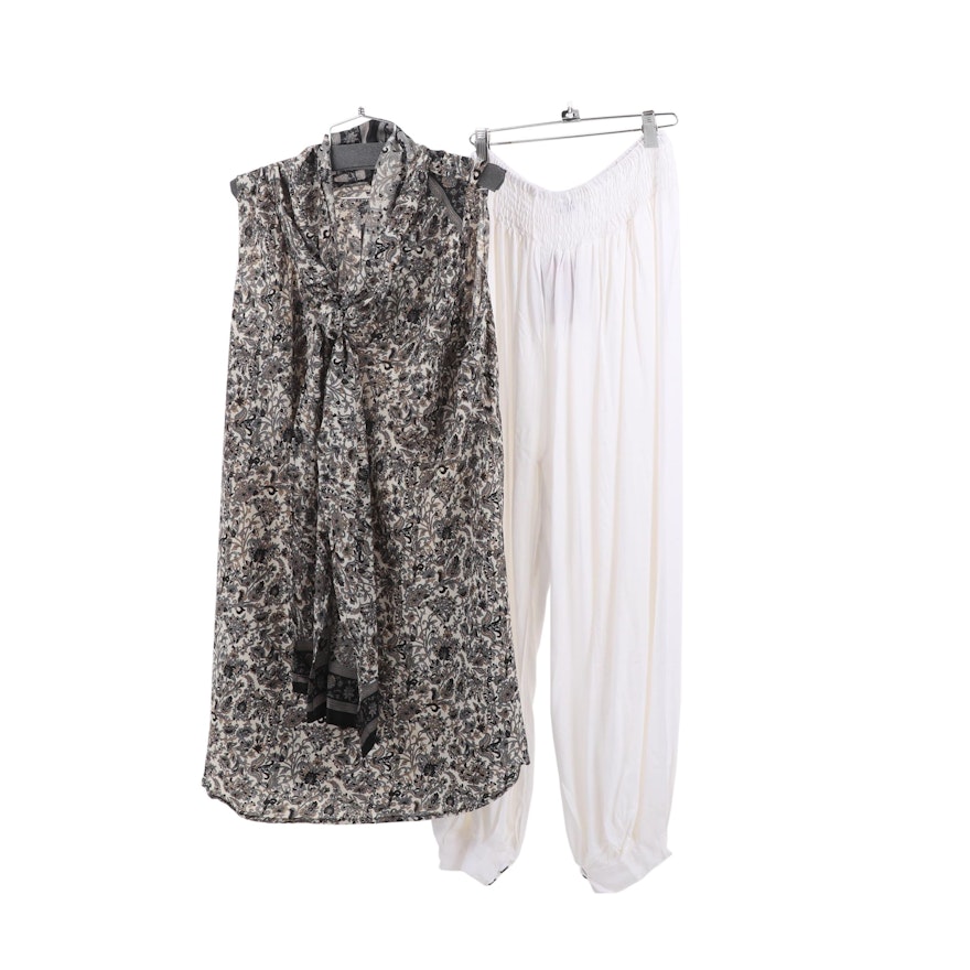 Aller Simplement Paisley Tunic with Scarf and Cream Harem Pants