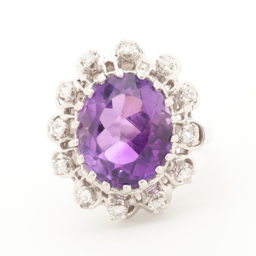 14K White Gold Amethyst and Diamond Halo Ring