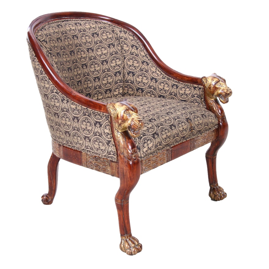 Empire Style Upholstered Armchair with Tiger Motif Arms, Late 20th Century