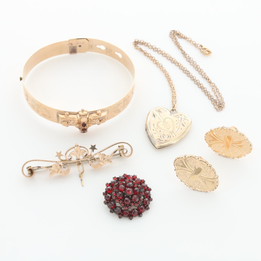 Victorian and Vintage Gold Tone Jewelry Including Garnet Accents