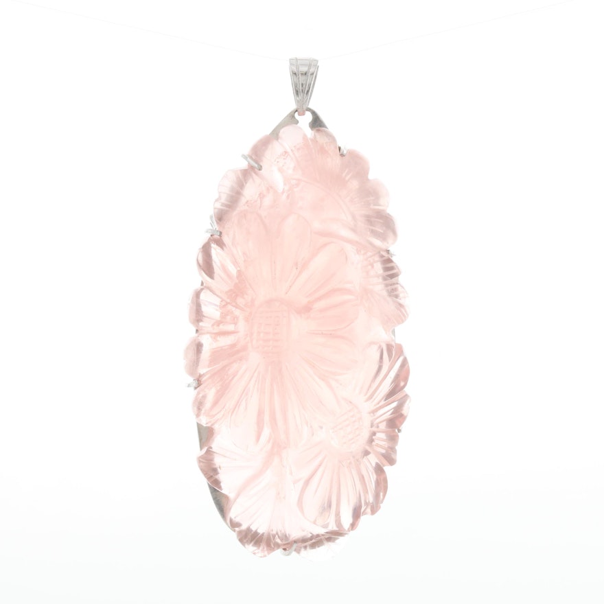 14K White Gold Carved Rose Quartz Converter Brooch