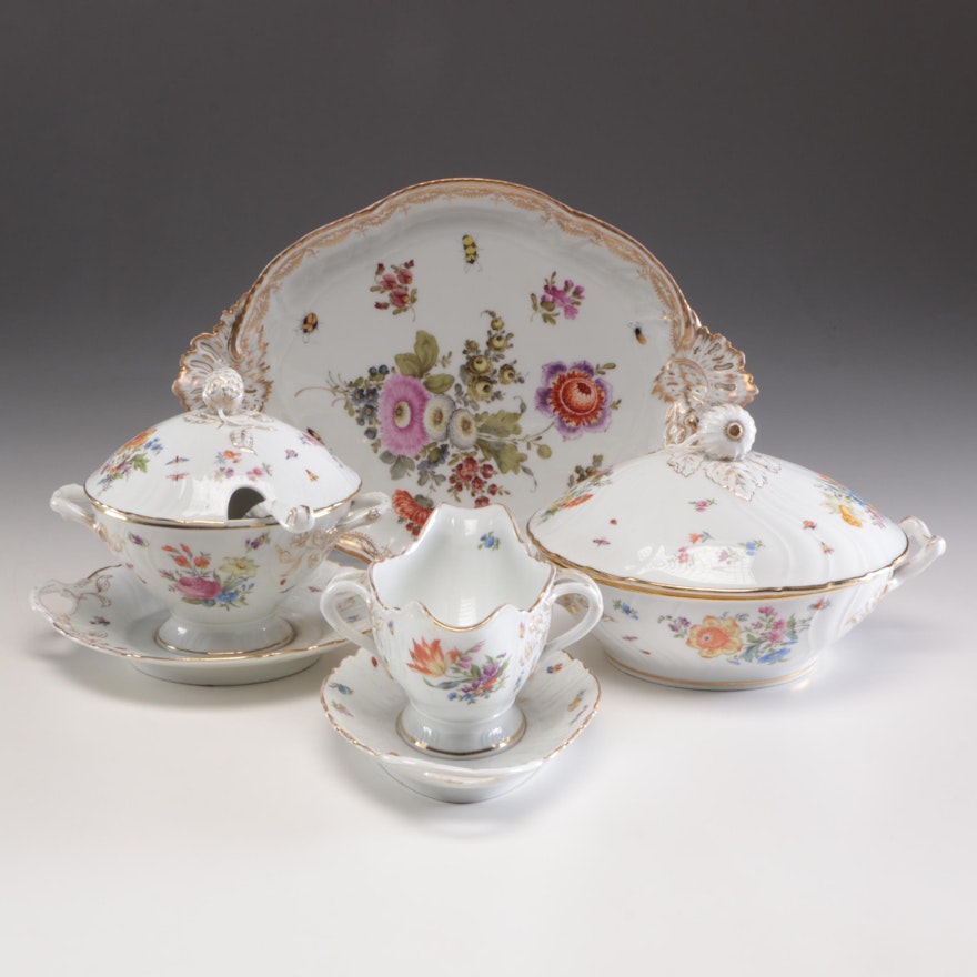 Dresden Style and Other Porcelain Serveware with Floral Motifs, Antique