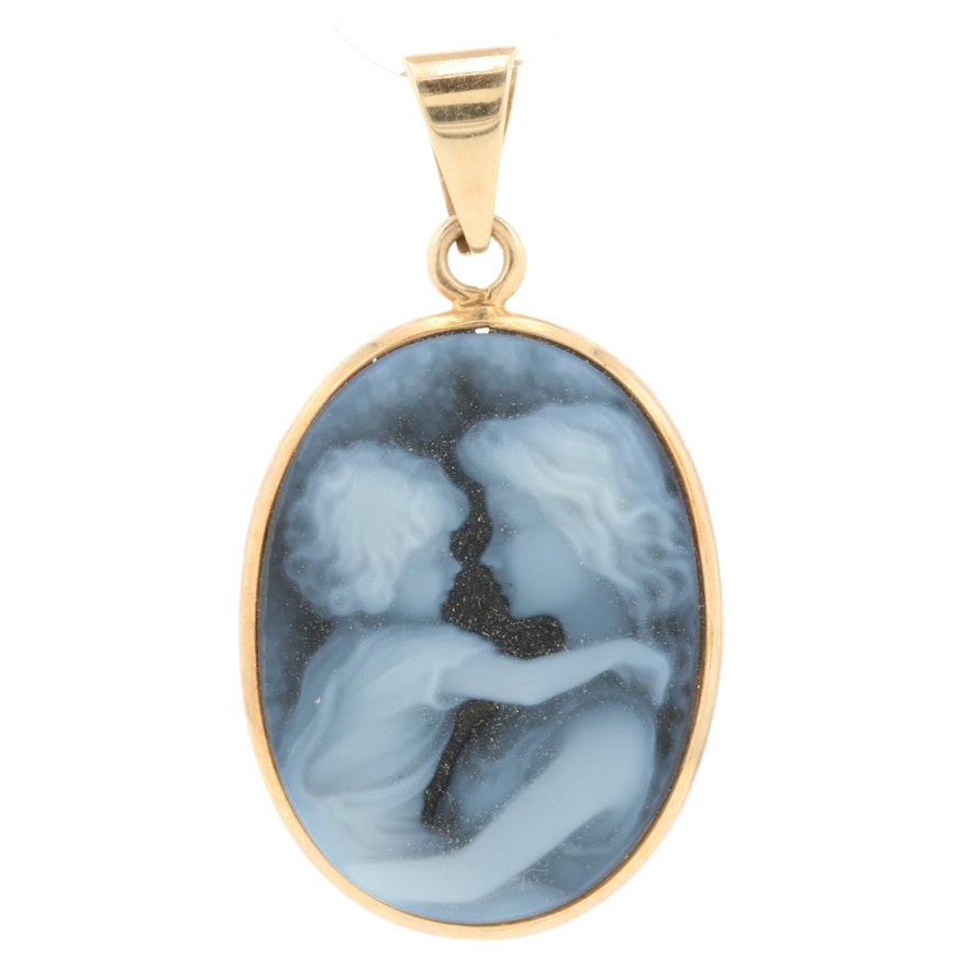 14K Yellow Gold Black Onyx Mother and Child Cameo Pendant