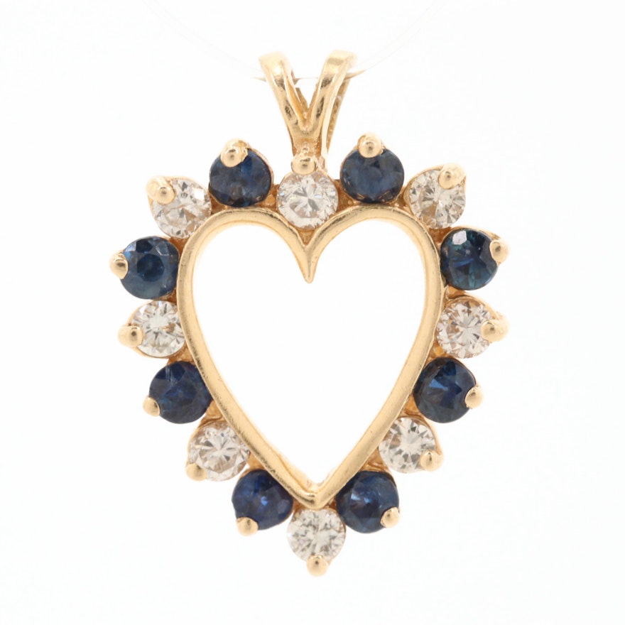 14K Yellow Gold Sapphire and Diamond Heart Pendant