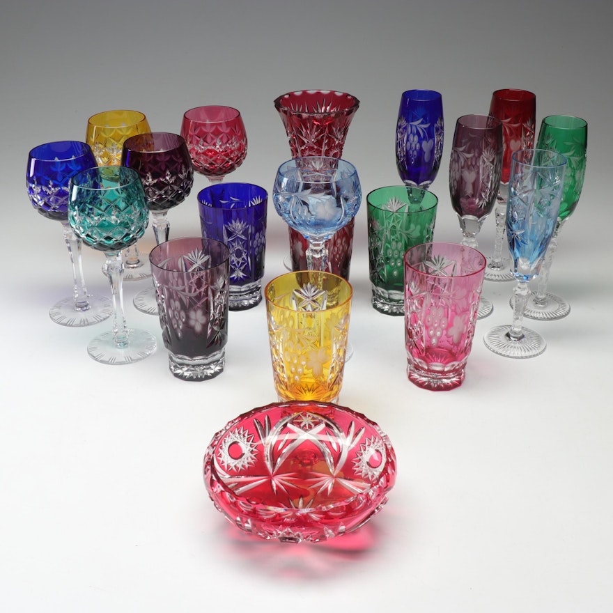 Bohemian Ruby and Other Flashed Cut to Clear Tumblers, Stemware and More