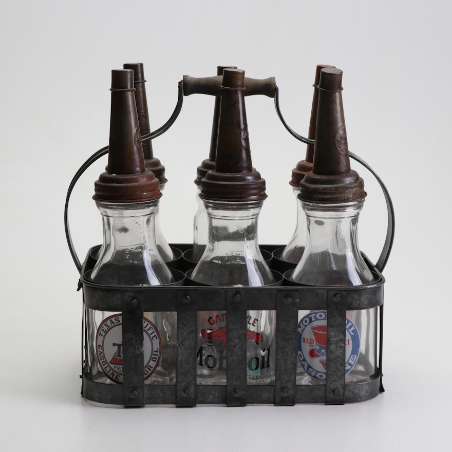 Glass Motor Oil Bottles in Metal Caddy, Vintage