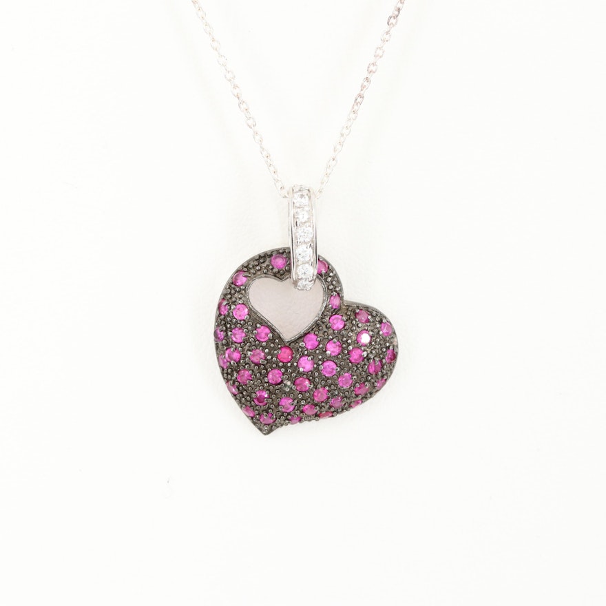 Sterling Silver Ruby and Cubic Zirconia Heart Pendant Necklace