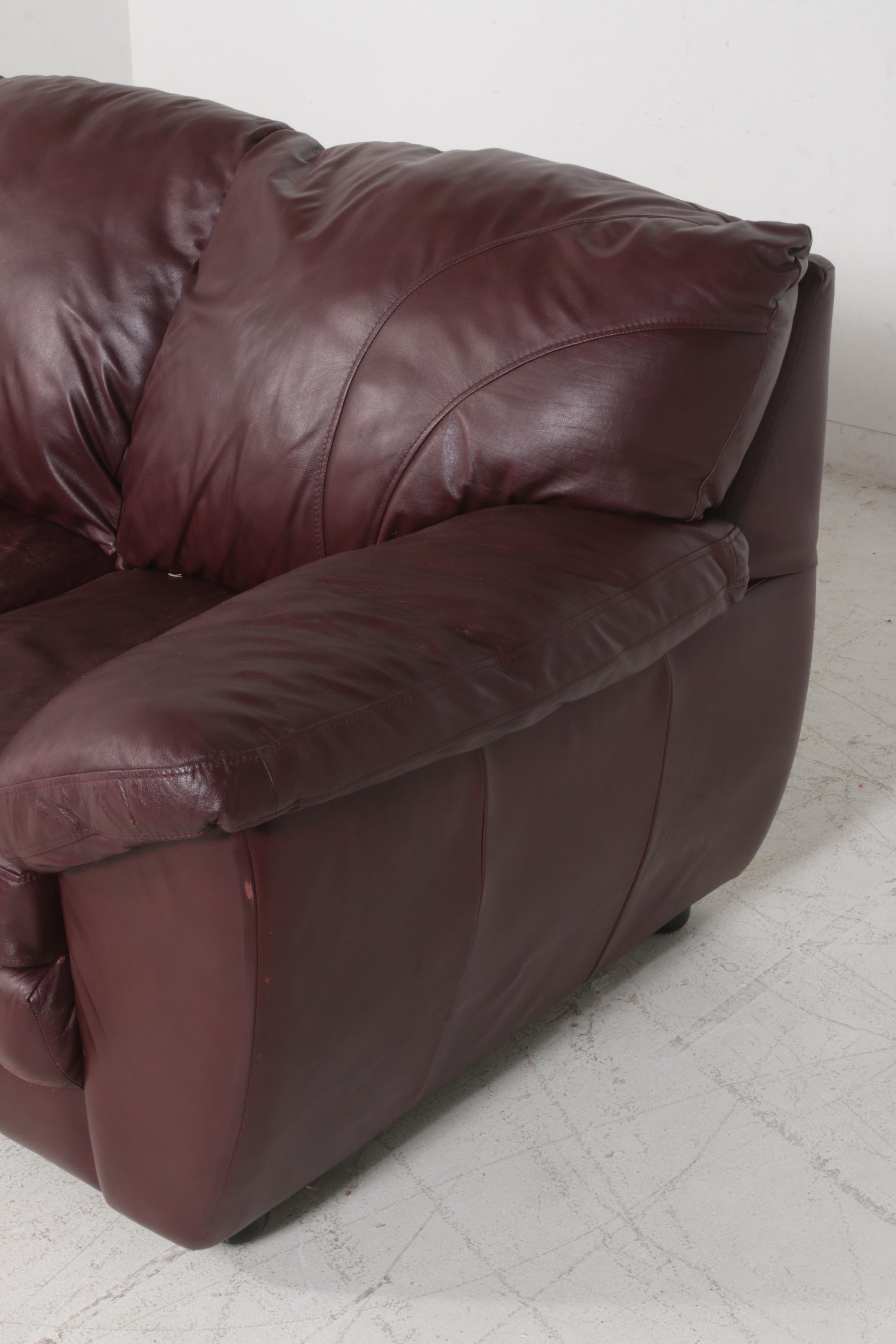 Maroon Leather Sofa, Late 20th Century