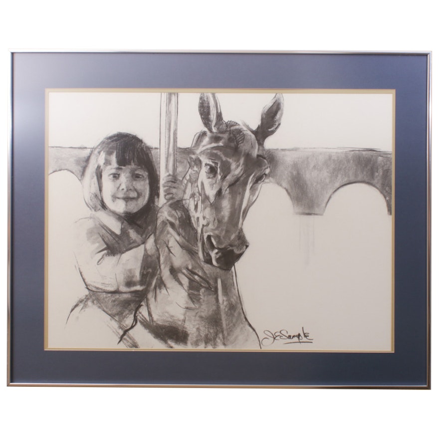 J.E. Sample Charcoal Drawing of Child on Carousel