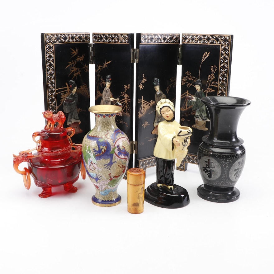 Chinese Decor Including Cloisonn Vase and Walter Wilson Figurine