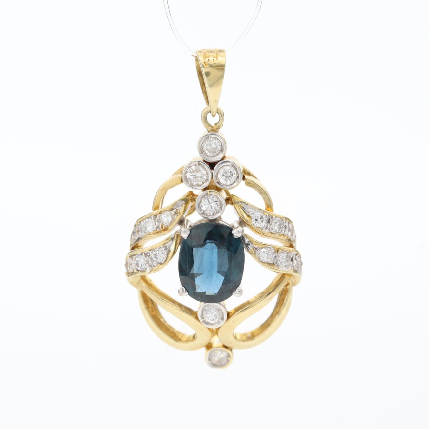 14K Yellow Gold Blue Sapphire and Diamond Pendant