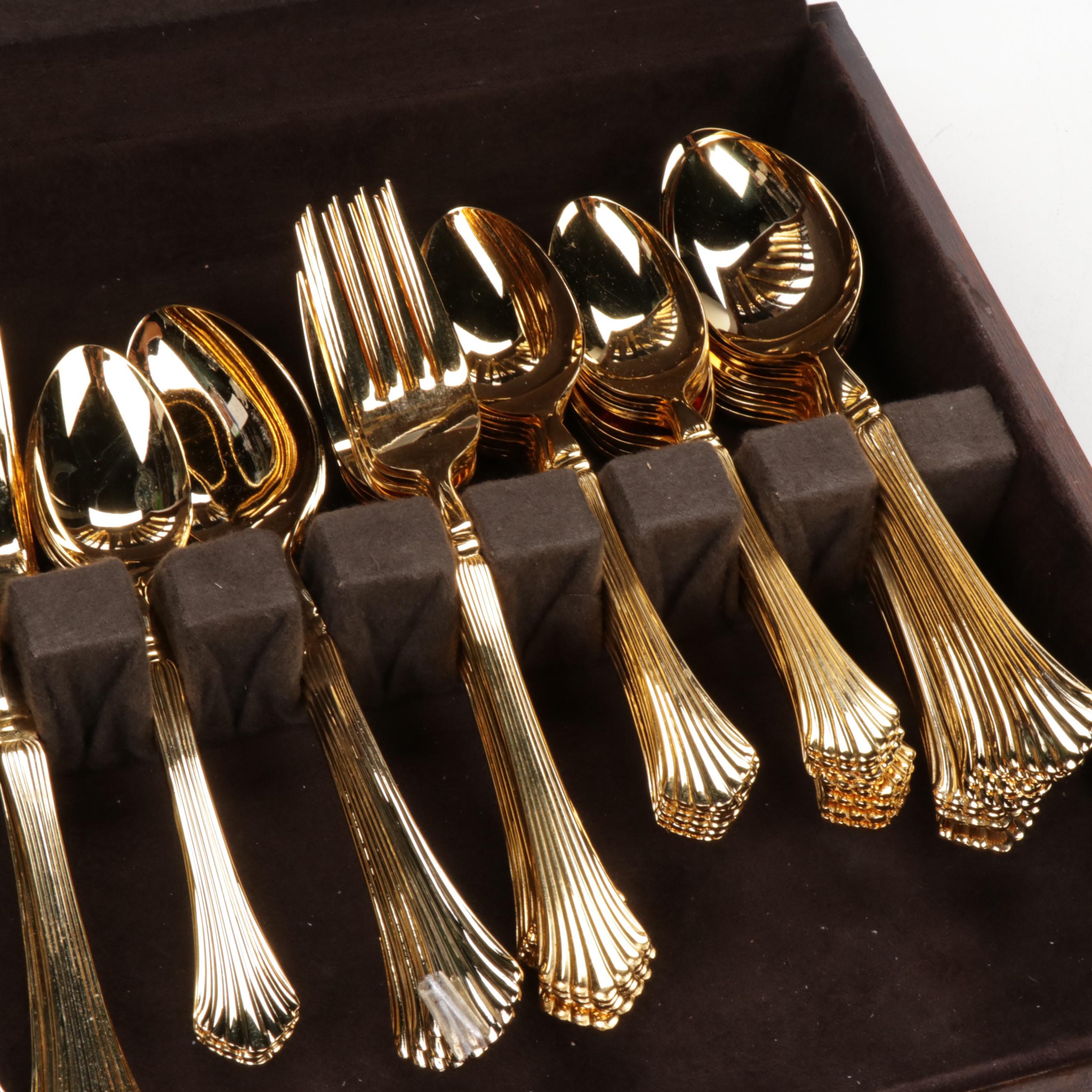 Gold-Tone Flatware in Box Featuring Royal Gallery "Spun Gold"