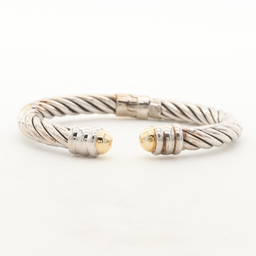 Sterling Silver Twisted Cable Hinged Cuff with 14K Gold Accents