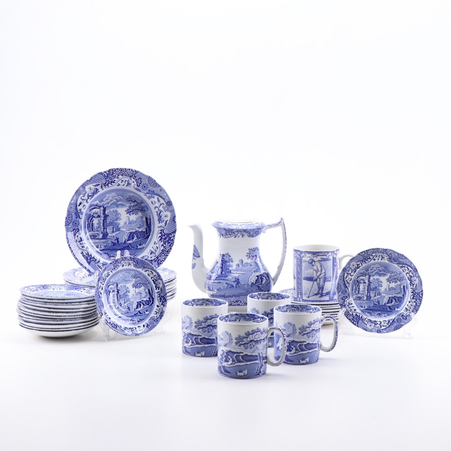 Spode "Blue Italian" Ceramic Dinnerware, Mugs, and Coffee Pot, Contemporary