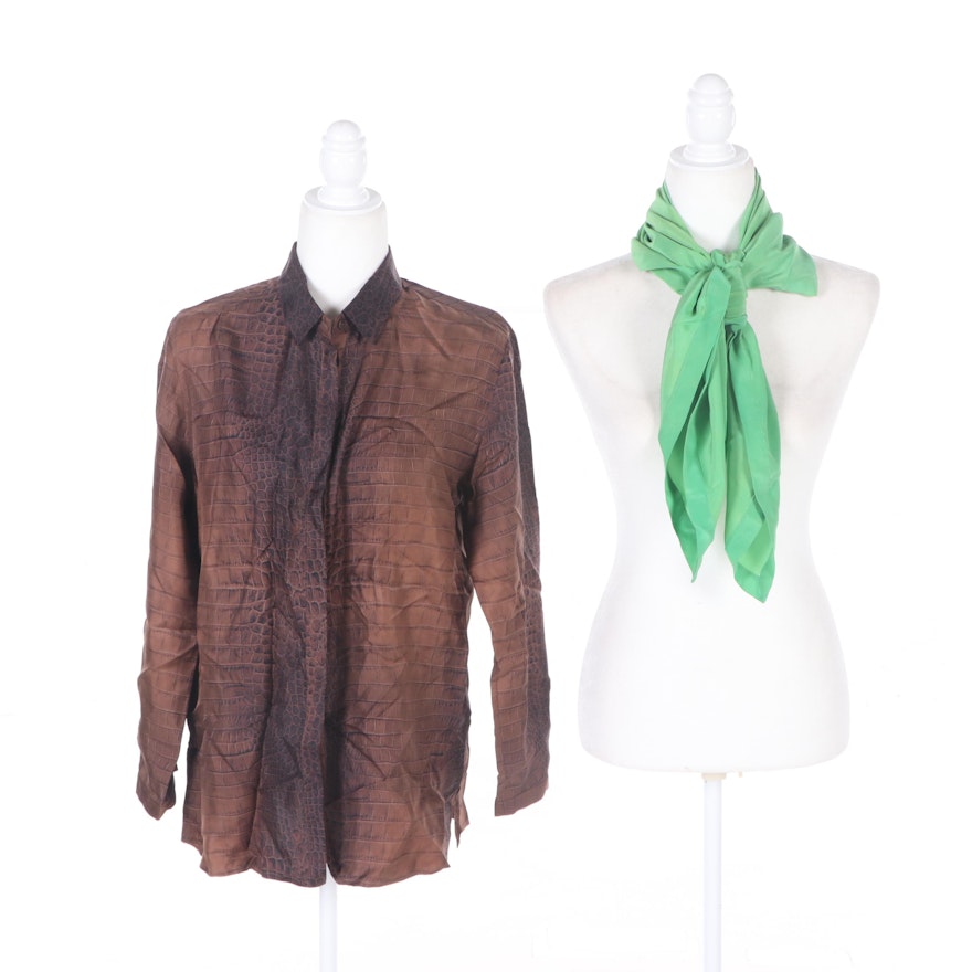 Etro Silk Shirt and Saks Fifth Avenue Silk Handkerchief Scarf