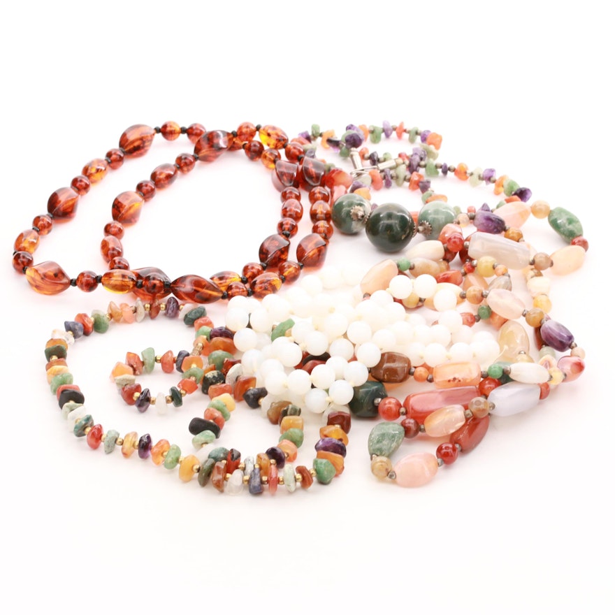 Agate, Amethyst, Quartz and Amber Beaded Necklace Assortment