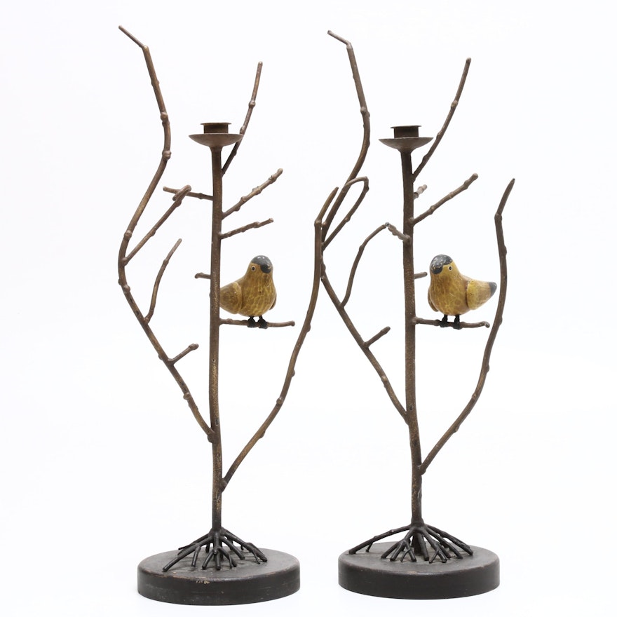 Folk Art Style Metal Branch Candlesticks with Birds, Late 20th Century