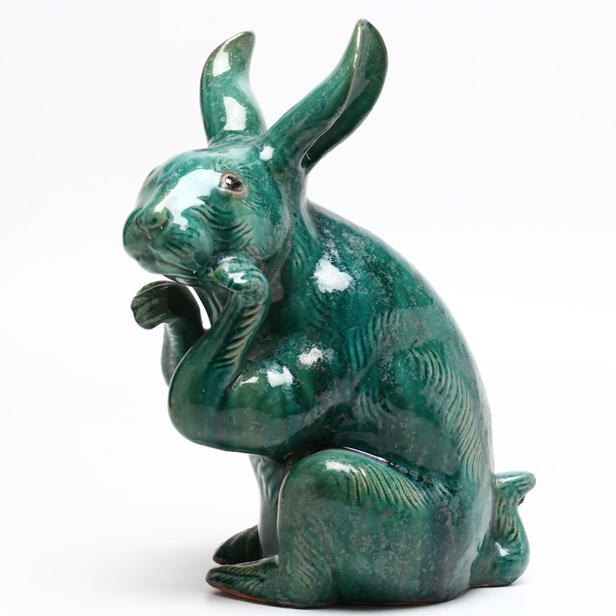 Green Glazed Earthenware Seated Bunny Statuette, Early to Mid 20th Century