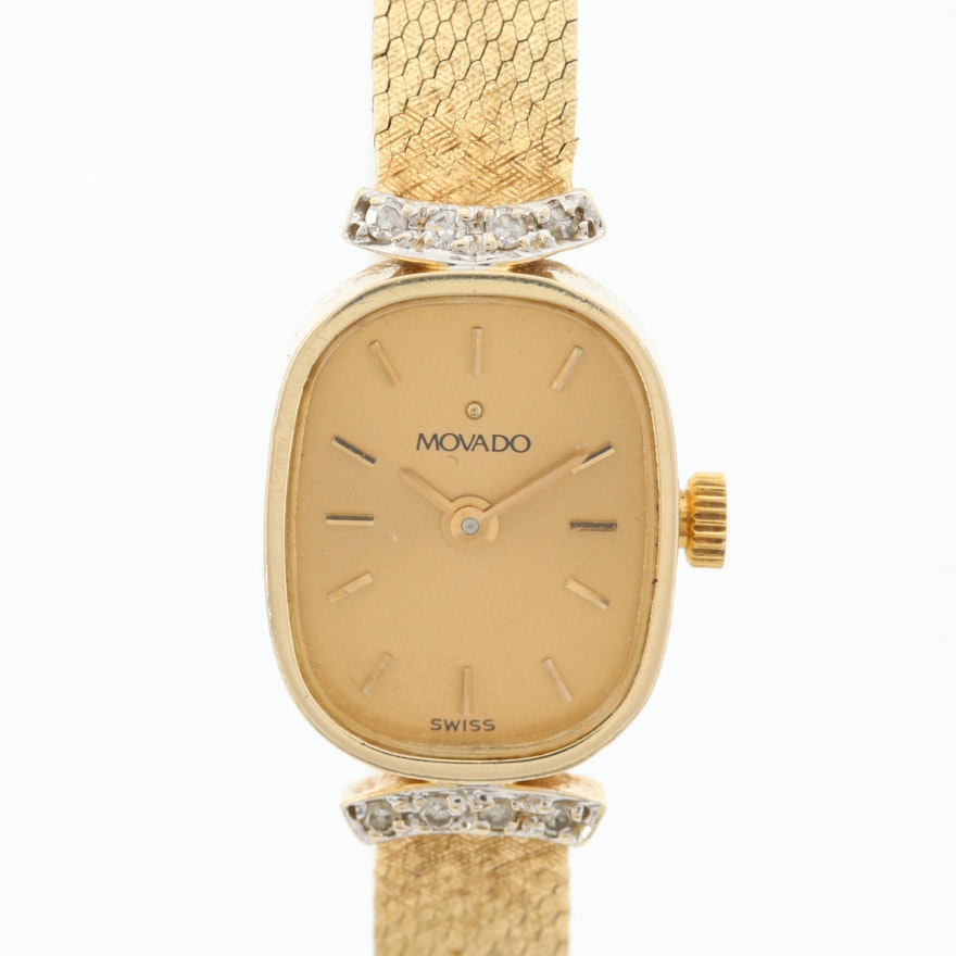 Movado 14K Yellow Gold Quartz Wristwatch With Diamond Lugs