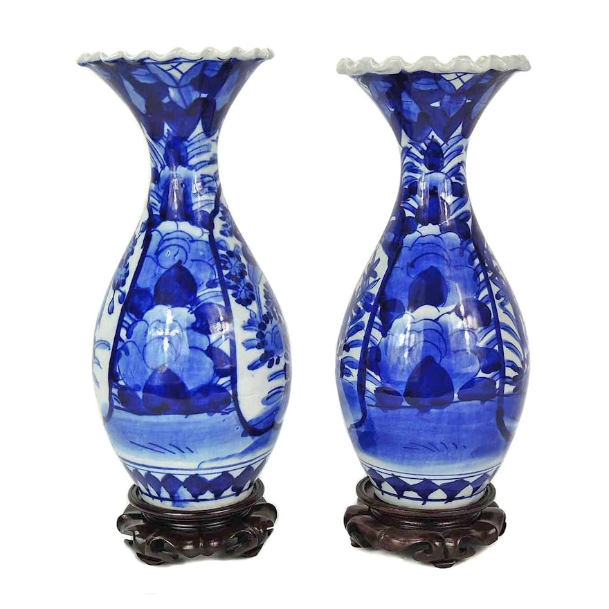Chinese Blue and White Vases with Carved Wood Pedestals