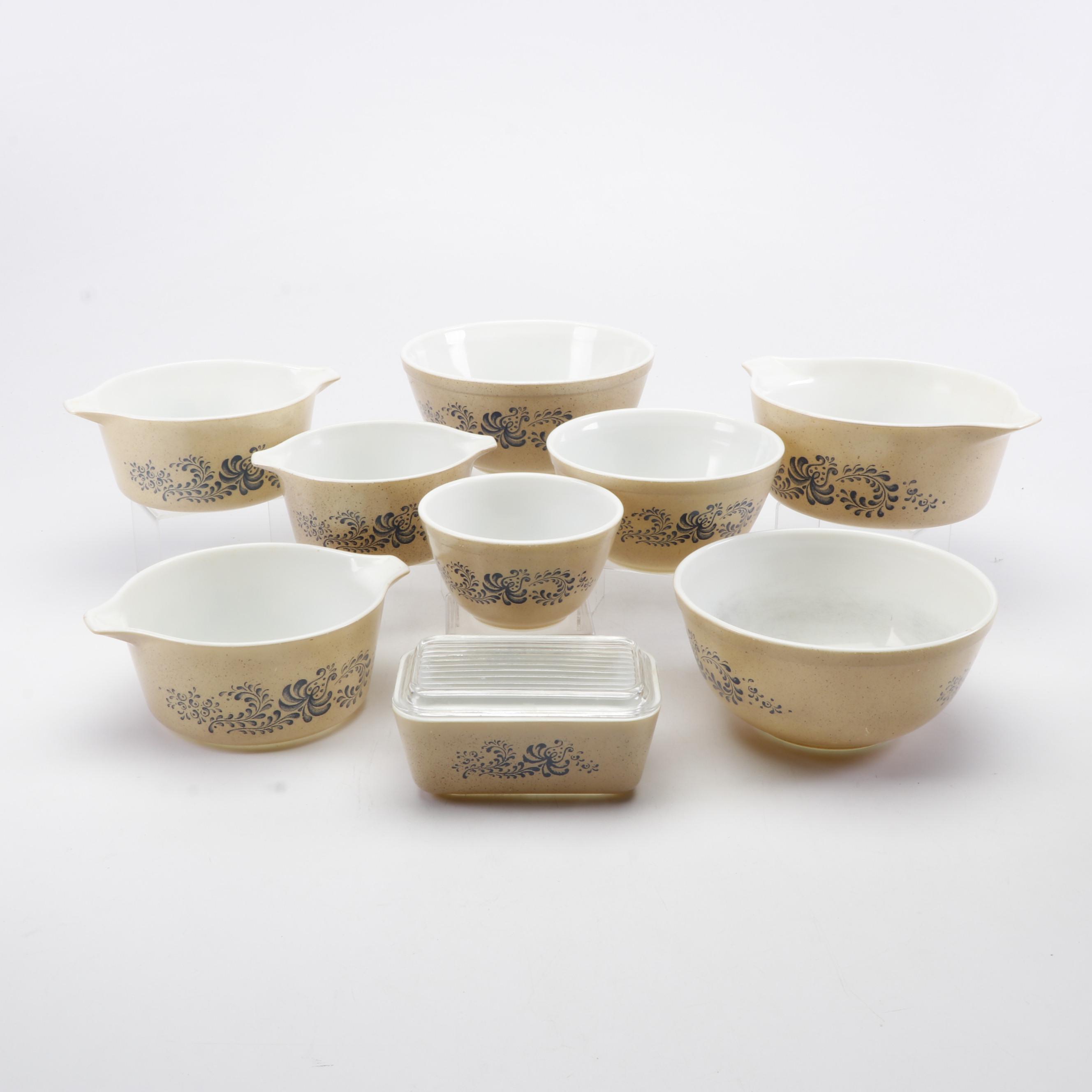 Set of Pyrex "Homestead" Brown Speckled Mixing Bowls and Refrigerator Dish