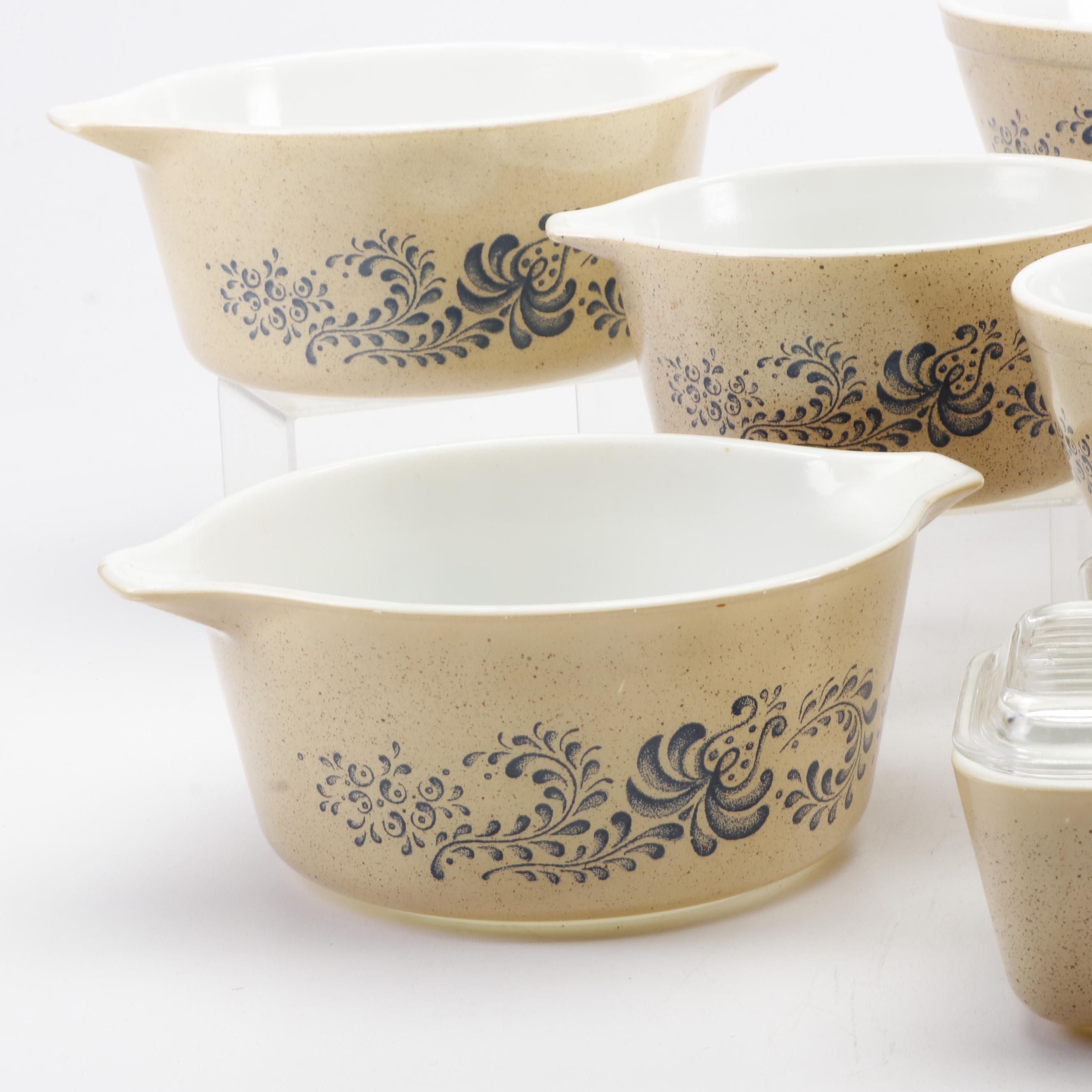 Set of Pyrex "Homestead" Brown Speckled Mixing Bowls and Refrigerator Dish