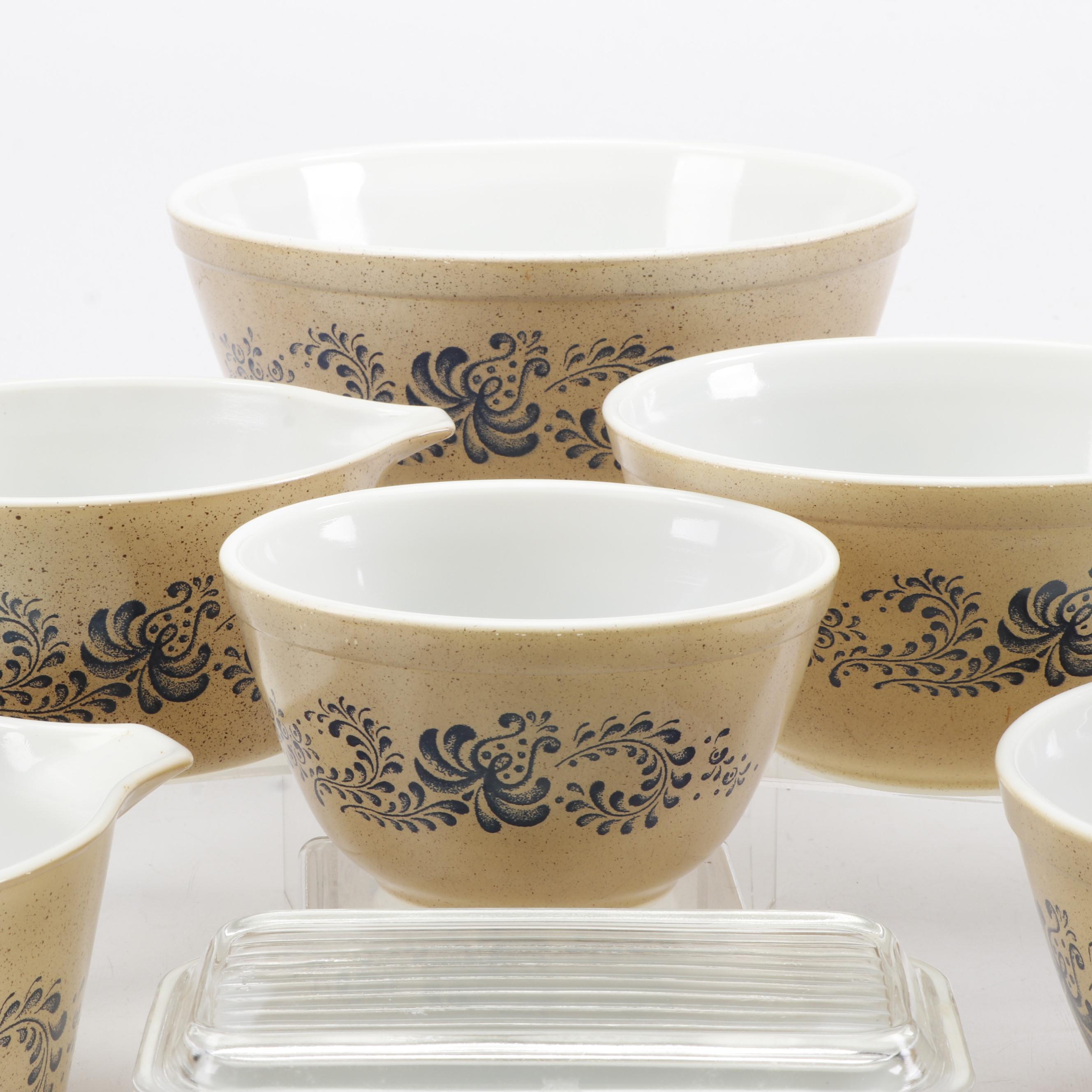 Set of Pyrex "Homestead" Brown Speckled Mixing Bowls and Refrigerator Dish