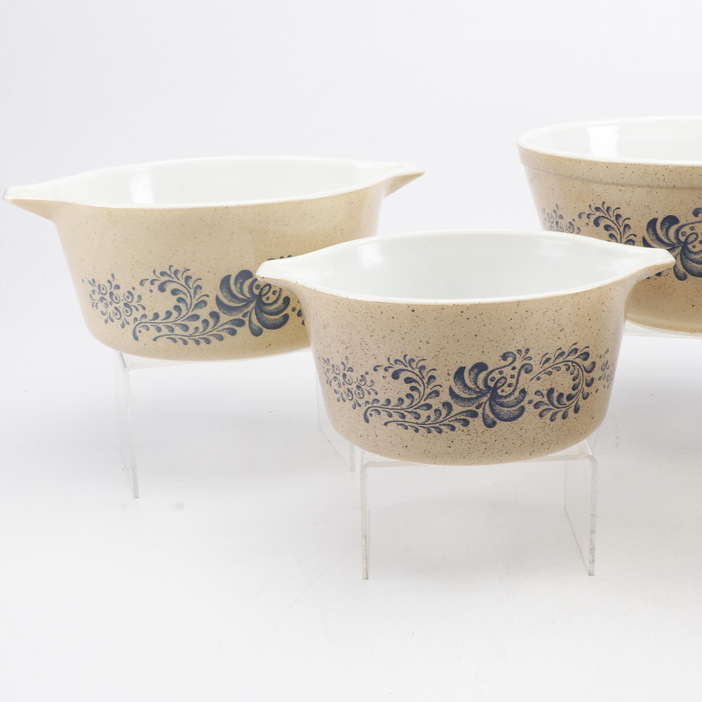 Set of Pyrex "Homestead" Brown Speckled Mixing Bowls and Refrigerator Dish