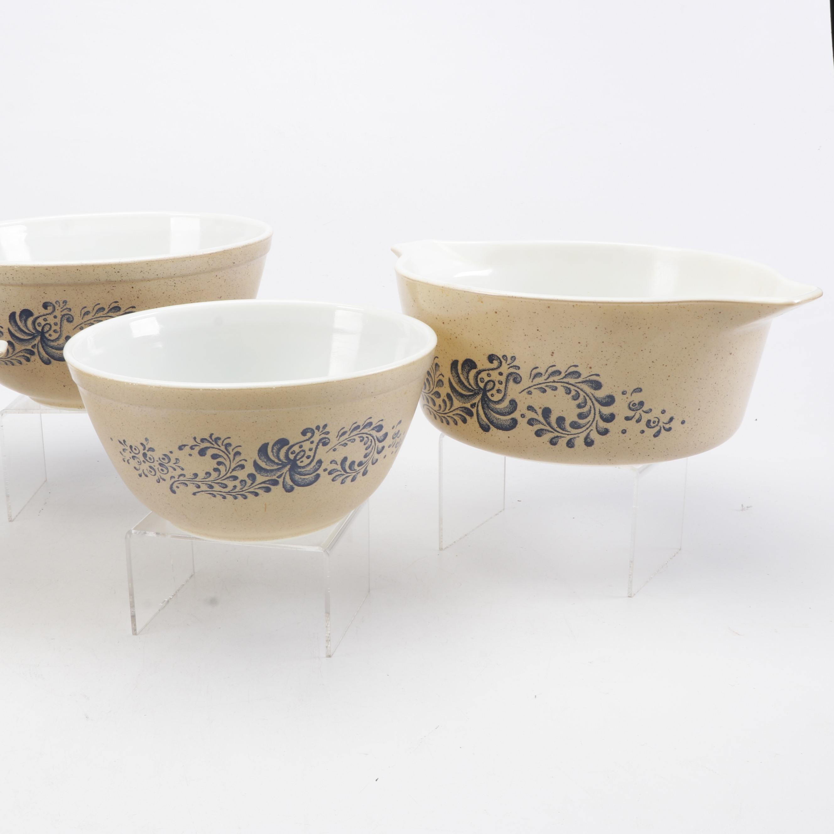 Set of Pyrex "Homestead" Brown Speckled Mixing Bowls and Refrigerator Dish