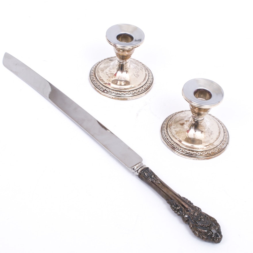 La Pierre Weighted Sterling Candlesticks and Sheffield Knife