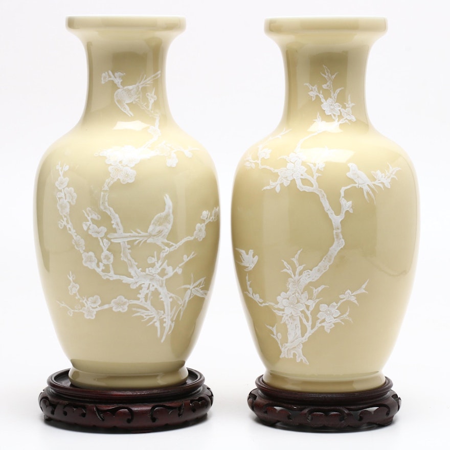 Chinese Porcelain Mantel Vases with Fowl and Floral Motifs, Late 20th C.