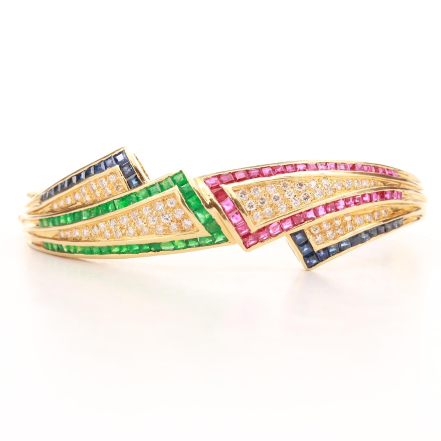 18K Yellow Gold Sapphire, Emerald, Ruby and 1.05 CTW Diamond Bangle Bracelet