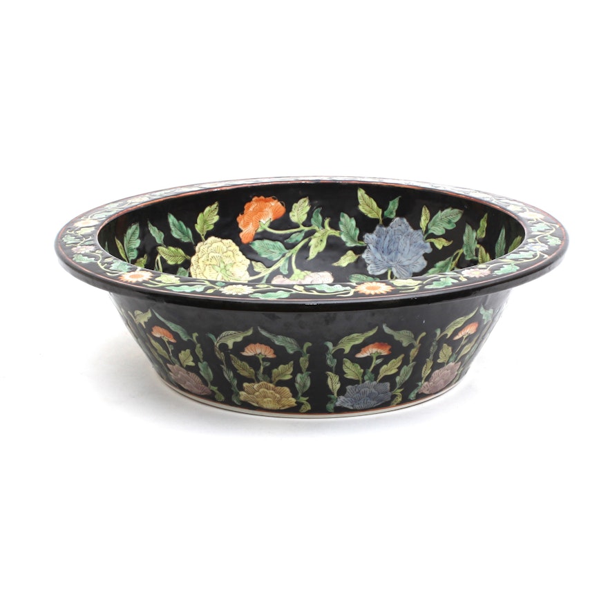 Chinese Famille Noire Ceramic Hand Painted Centerpiece Bowl