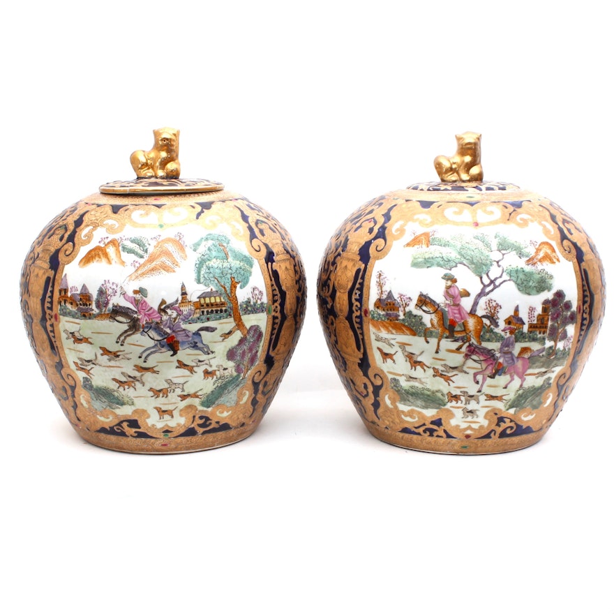 Chinese Hand-Painted Export Ceramic Lidded Jars