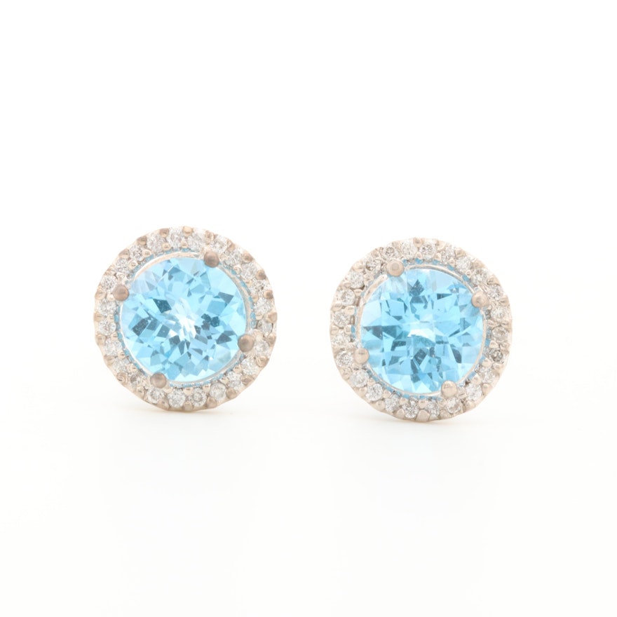 18K White Gold Blue Topaz and Diamond Halo Earrings